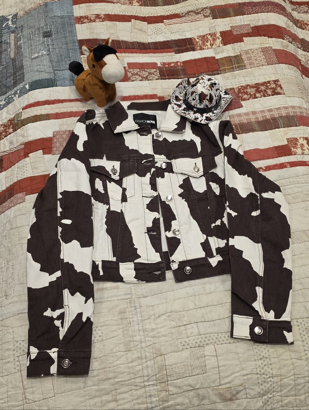 Fashion Nova Dark Brown& White Cow-Print Denim Jacket - women